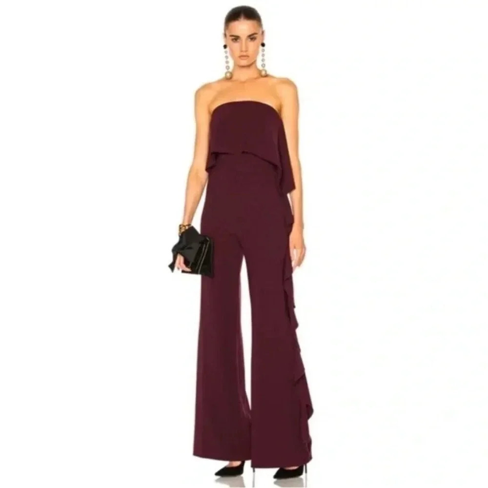 Alexis Kendall Ruffle Strapless Jumpsuit Wide Leg Plum Burgundy Boho Chic Size M